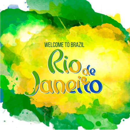 Inscription Rio de Janeiro Brazil vacation on a background watercolor stains,colors of the Brazilian flag, Brazil Carnival,watercolor paints. Summer, ink color.のイラスト素材
