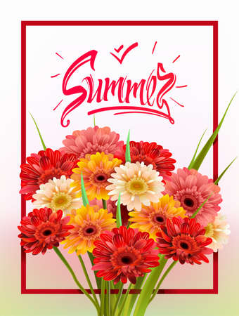 Summer Lettering, poster, advertising of spring flowers Gerber. Summer bouquet of flowers on white background. Isolate sign and flowers.Vector illustrationのイラスト素材