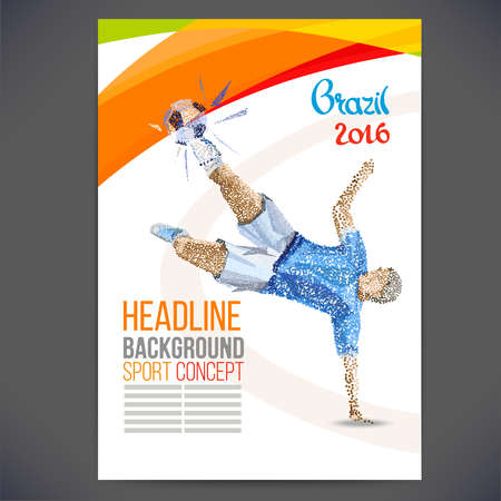 Concept of soccer player with colored dots assembled in figure football.Background of different color bands intertwined.Concept flyer 2016. Brazil  football game. Isolate vector.のイラスト素材