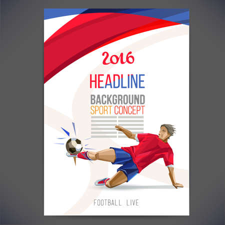 Concept of soccer player with colored geometric shapes assembled in figure football.Background of different color bands intertwined.Concept flyer 2016. Brazil  football game. Isolate vector.のイラスト素材