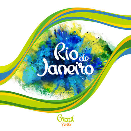 Inscription Rio de Janeiro on a background watercolor stains with wavy lines,colors of the Brazilian flag, Brazil Carnival,watercolor paints, ink color.のイラスト素材