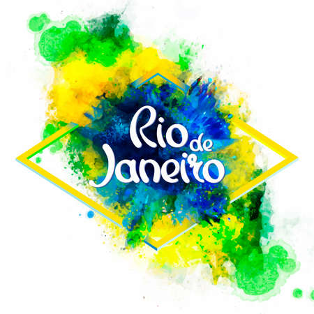 Inscription Rio de Janeiro  on a background watercolor stains,colors of the Brazilian flag, Brazil Carnival,watercolor paints., ink color.のイラスト素材