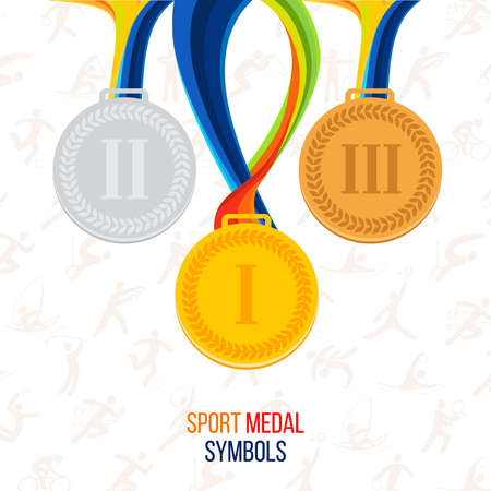 Vector Gold medal, silver medal, bronze medal against the background of sports icons, set of medals. a symbol of victory. Sports awardsのイラスト素材