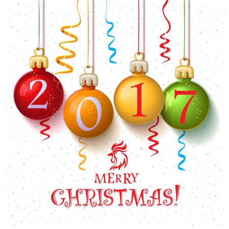 Merry Christmas 2017 decoration poster card. New Year background  with garlands, streamer and snowflakes. Year symbol, the fire cock. Vector design. Christmas balls with numbersのイラスト素材