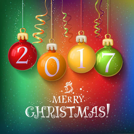 Merry Christmas 2017 decoration poster card. New Year background  with garlands, streamer and snowflakes. Year symbol, the fire cock. Vector design. Christmas balls with numbersのイラスト素材