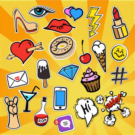 Patches and stickers collection, hand drawn fashion kit. Doodle pop art vector style,heart,mail,cloud,lips,diamond,eyes,cocktail glasses, ice cream, cake, telephone and miscellaneous items. 80s, 90sのイラスト素材