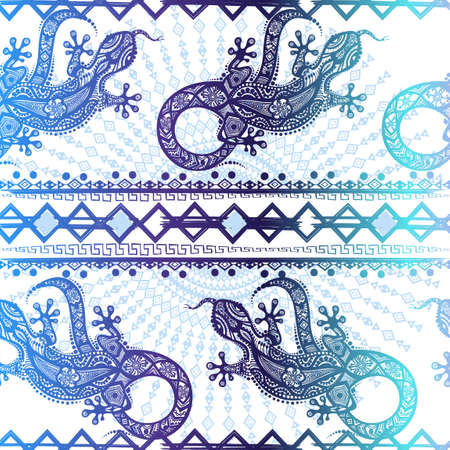 Vector vintage seamless ethnic pattern image lizards and lines, to be applied to any surface, can be used for a textile, coloring book, prints, phone case and card. Australian and Indian ornamentのイラスト素材