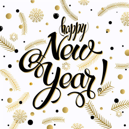 Happy New year 2017 poster. Calligraphy text, on the background of Christmas tree branches and snowflakes, winter theme template. Vectorのイラスト素材