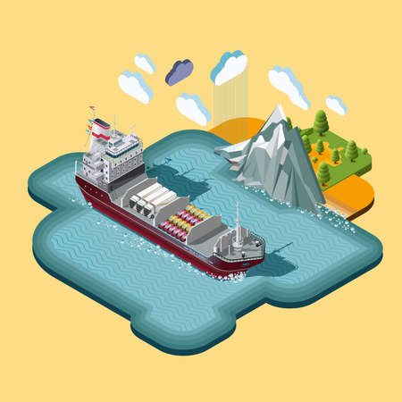 Isometric map, delivery of cargo, shipping maritime transport logistics, loading, transport, location, 3d vector. The concept of landscape with cargo delivery system.のイラスト素材