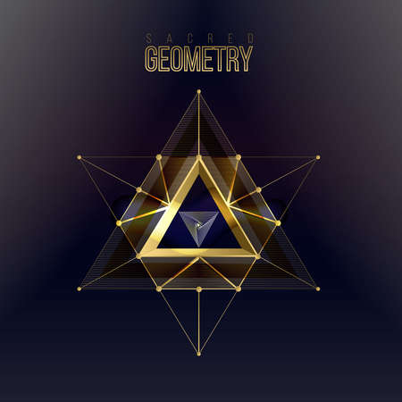 Sacred geometry forms on space background, shapes of lines, sign and symbol. Geometric patterns. Geometry symbolic triangle. Vector isolate gold shapes on dark color.のイラスト素材