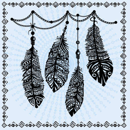 Vintage feathers ethnic pattern, tribal design, tattoo,  for fabric print, drawing on t-shirts.のイラスト素材
