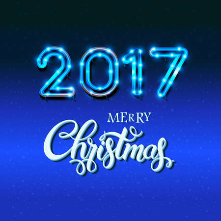 Merry Christmas 2017 sign on blue background with neon figures. Calligraphy text, poster template. Vectorのイラスト素材