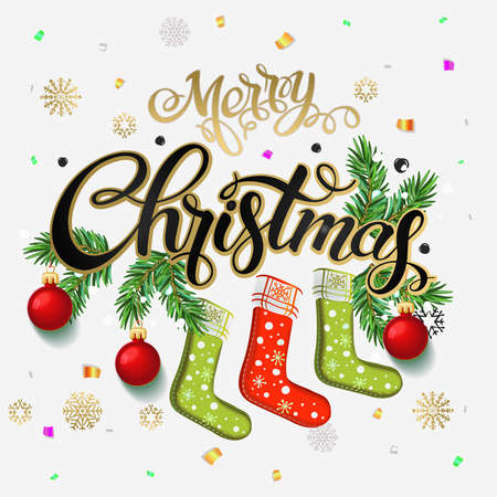 Merry Christmas 2017 Happy New Year. Background and composition on a snowy field with Christmas toys and stars, garlands, snowflakes and Christmas socks. Vector Decoration poster cardのイラスト素材