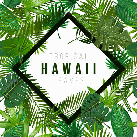 Vector Seamless pattern with tropical leaves on white background.Nature illustration the inscription of Hawaii in a rhombus.のイラスト素材