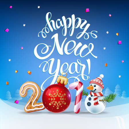 Happy New Year 2018 decoration poster card. Sign background and composition on a snowy field with Christmas toys and Snowman, garlands, candy canes, gingerbread and snowflakes. Vector isolateのイラスト素材