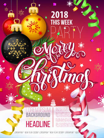 Merry Christmas 2018 decoration poster card and Happy New year  background  with garlands, tree branches, snowflakes serpentine and confetti. Fiery Dogs yearのイラスト素材