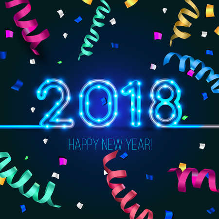 New Year's design. 2018 the year of Fiery Dogs. Vector neon figures with lights. Greeting card background with serpentine and confettiのイラスト素材
