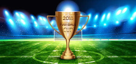Football cup in the soccer arena on a background of grass field. Night background football field stadium and fans Signs 2018 soccer championship cup. Vector conceptのイラスト素材