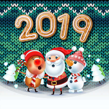 2019 Merry Christmas & New Year poster. Santa Claus Snowman, and symbol of 2019 year Pig sing a Christmas song around the Christmas tree on knitted background. Inscription 2019 of Christmas cookies.のイラスト素材