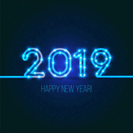 2019 New Years design. Vector neon figures with lights. Greeting card background. Happy new year 2019 sign.のイラスト素材
