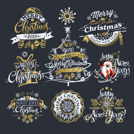 2019 Christmas and New year labels and borders. Decoration set of calligraphic design with typographic labels, and icons elements for you. Hand drawn authors work.  Merry Christmas emblems.のイラスト素材