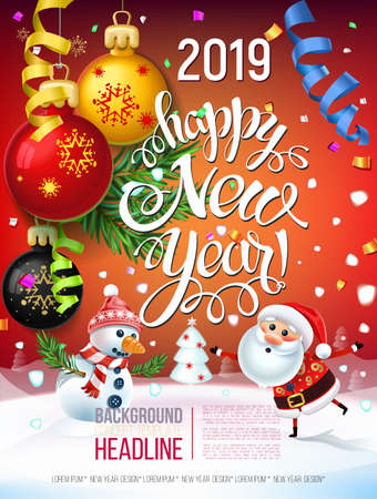 2019 Happy New Year  decoration of a poster card and a merry Christmas holiday background with garlands, tree branches, snowflakes and a snowman and Santa claus around a Christmas treeのイラスト素材
