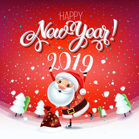 Santa Claus with the symbol of 2019 on skates rushes for holiday on the field with Christmas trees.Christmas time with snow and gifts.Decoration of a poster card and holiday background. 2019 New year.のイラスト素材