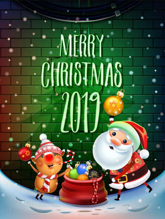 2019 Merry Christmas and New Year symbol. Santa Claus on a winter background with gifts, Christmas toys, star, candy, sweets and symbols of 2019 pig.Decoration poster card holiday background. Winter.のイラスト素材