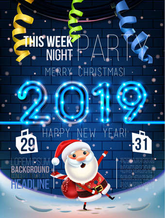 2019 Merry Christmas and New Year symbol. Santa Claus on a winter background with gifts, Christmas toys, star, candy, sweets. Decoration poster card holiday background. Vector.のイラスト素材