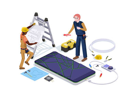 People in the form of mobile phone repair service workers do screen diagnostics and replacement 3d isometric vector illustration design templates.のイラスト素材