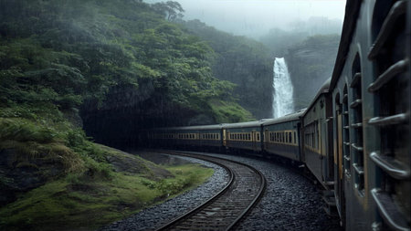 A passenger train curves sharply on a rainy track towards a dark tunnel entrance, surrounded by lush, misty jungle foliage. A tall, white waterfall is visible in the background.の素材