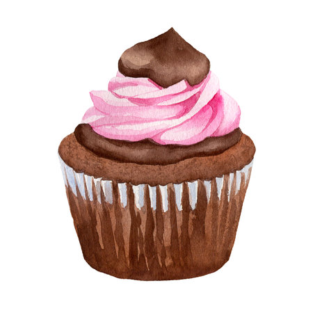 Chocolate brown cupcake with pink cream hand drawn in watercolor for postcards, invitations, flyers, menus, labels isolated on white background.の写真素材