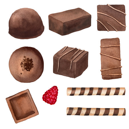 Chocolate sweets set and chocolate stick hand drawn with watercolor isolated on white background for cards, patterns, labels, invitations, flyers.の写真素材