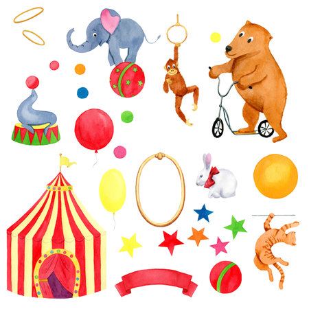 Cute circus watercolor illustration set for kids. Circus tent, monkey, bear, elephant, cat, rabbit, seal, inscription tape, stars, balloons, balls. Hand painted illustration for nursery, invitation, posters.の写真素材