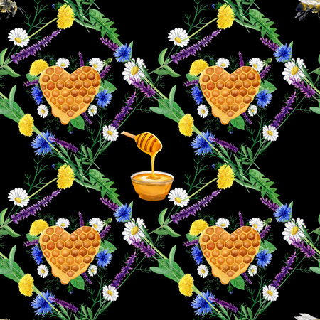 Seamless pattern with heart-shaped honeycombs, cup with honey, bee and herbs - chamomile, dandelion, cornflower, sage, on black background. Hand drawn watercolor illustration for wallpaper, print.の写真素材