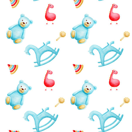 Seamless watercolor pattern with blue bears, pyramid, dinosaur, rocking horse. Handmade watercolor illustration on white background. For wrapping paper, textile, wallpaper, packaging, printing, fabricの写真素材