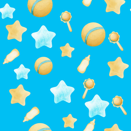 Seamless watercolor pattern with children's toys, beanbag, baby bottle and balls. Handmade watercolor illustration on bluebackground. For wrapping paper, textile, wallpaper, packagingの写真素材