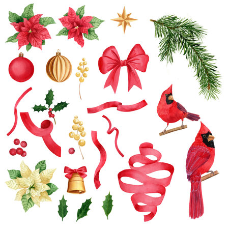 Christmas and New Year set, watercolor llustratios, elements for design, posters, cards, postcards. Northern cardinal, Christmas balls, bell, mistletoe, berries, holly, poinsettia, red ribbons.の写真素材