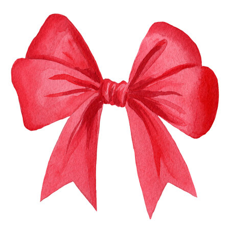 Red watercolor ribbon, satin bow. Decorative graphic element for cards, postcards, invitations, prints, decor, design, weddings and Christmas celebration on white backgroundの写真素材