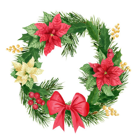 Holly leaves, pine, poinsettia and berry Christmas wreath with red bow, watercolor illustration. Clipart for design, decor, frame for greeting cards, postcards, isolated element on white background.の写真素材