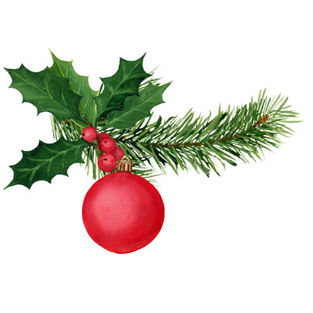 Pine branch with holly, berries and Christmas ball. Hand painted watercolor illustration for greeting cards, postcards, decor, design, prints, invitations, isolated element on a white backgroundの写真素材