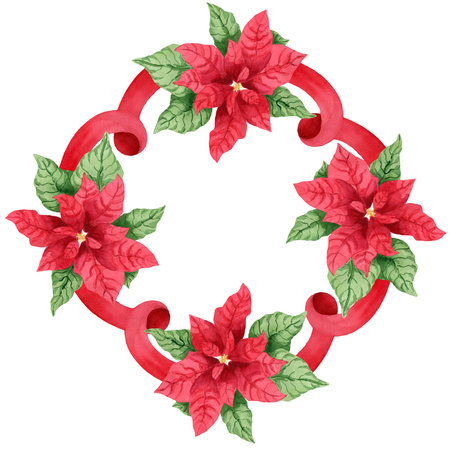 Square composition with red ribbons and poinsettia, watercolor Christmas element. Hand-painted watercolor illustration for New year invitations, postcards or greeting cards on white backgroundの写真素材