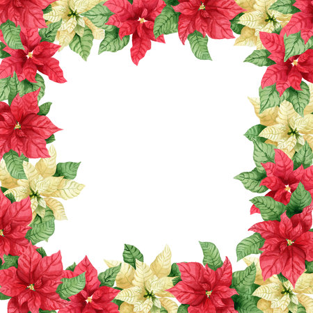 Floral Christmas frame with hand drawn watercolor white and red poinsettia. Watercolor Christmas element. Clipart for design, frame for greeting cards, posters, isolated element on white background.の写真素材