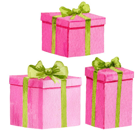 Set of three pink gift boxes with green bows isolated on white background. Cute baby hand drawn illustration for birthday greeting cards, decor, design, kid posters or baby shower for girl.の写真素材