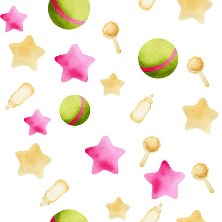 Seamless watercolor pattern with children's toys, stars, beanbag, baby bottle and balls. Handmade watercolor illustration on white background. For wrapping paper, textile, wallpaper, packagingの写真素材
