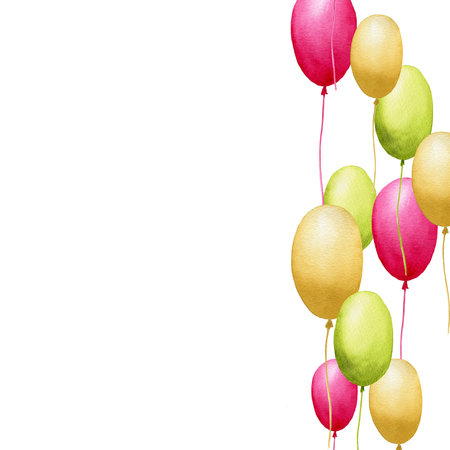 Watercolor happy birthday postcard with hand painted vertical air balloons isolated on white background. Pastel pink, green, yellow modern party design for birthday greeting cards, postcards.の写真素材