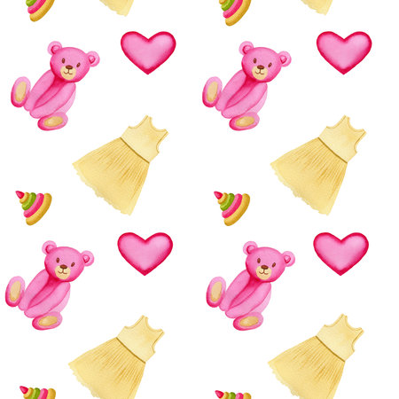 Seamless watercolor pattern with pink bears, pyramid, dress, girl shoes, hearts. Handmade watercolor illustration on white background. For wrapping paper, textile, wallpaper, packaging, printingの写真素材