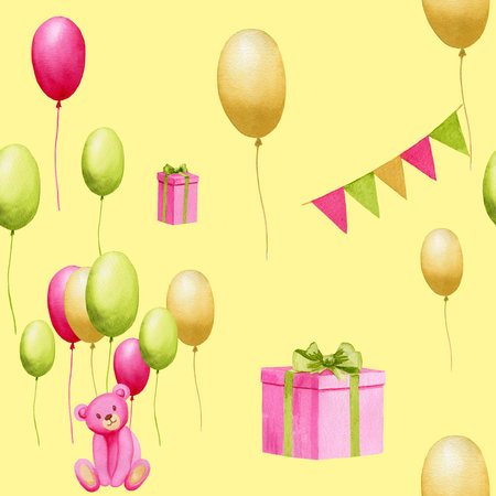 Seamless watercolor pattern with pink bear, gift box, flags, air balloons. Handmade watercolor illustration on yellow background. For wrapping paper, textile, fabric, wallpaper, packaging, printing.の写真素材