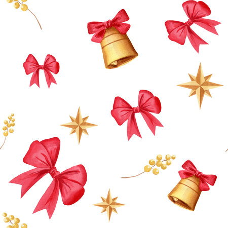 Seamless watercolor pattern with bows, stars and bells. Handmade watercolor illustration on white background. For wrapping paper, textile, wallpaper, packaging, fabric, design, decor, printingの写真素材
