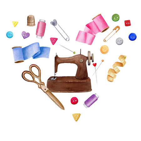 Different sewing sewing accessories - ribbons, scissors, sewing machine, buttons, measuring tape, pins. Watercolor illustration. Heart shaped composition. Isolated. For product packaging design, logoの写真素材
